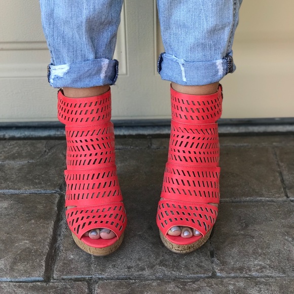 Coral Ankle Strap Perforated Platform Wedges - Picture 2 of 5